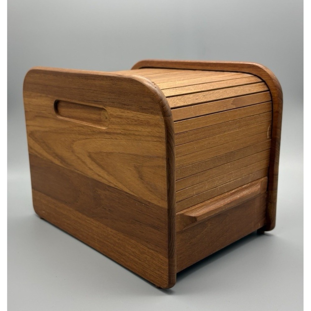 Vintage EID wood teak tambor roll top storage box desk top organizer Danish Mod